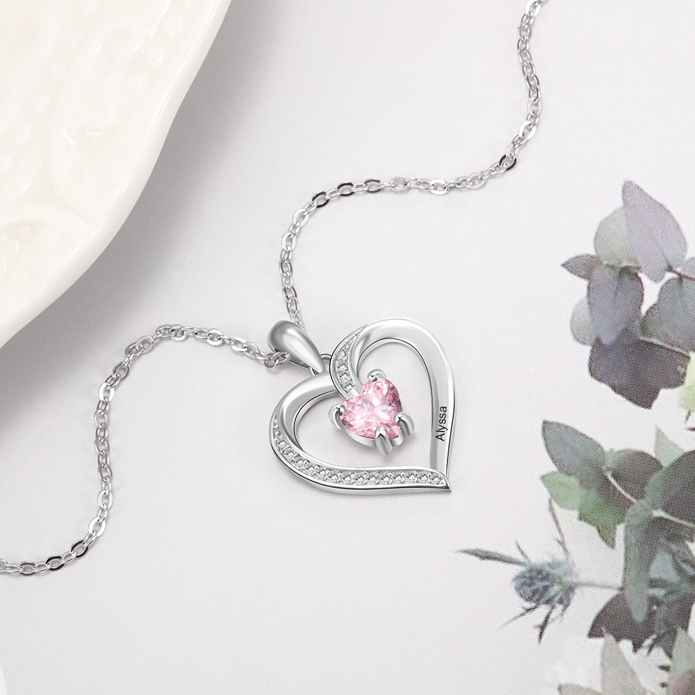 Engraved Name Heart Pendants with Zirconia | Birthstone Necklace