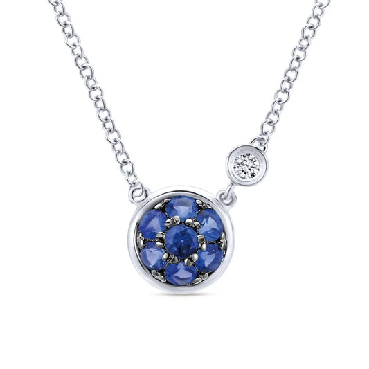 Sterling Silver Round Sapphire Cluster Pendant Necklace with Side Bezel Diamond