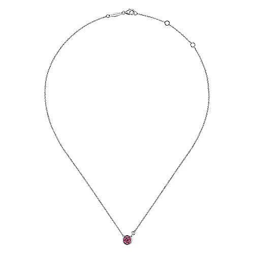 Sterling Silver Round Ruby Cluster Pendant Necklace with Side Bezel Diamond