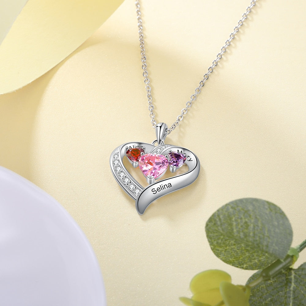 Romantic Personalized Heart Necklaces | 3 Birthstone Necklace Valentines Gift