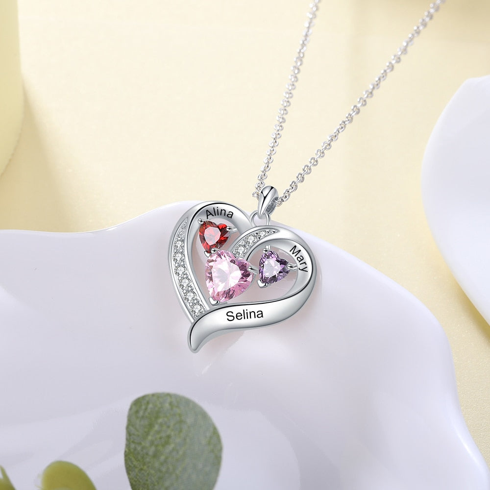 Romantic Personalized Heart Necklaces | 3 Birthstone Necklace Valentines Gift
