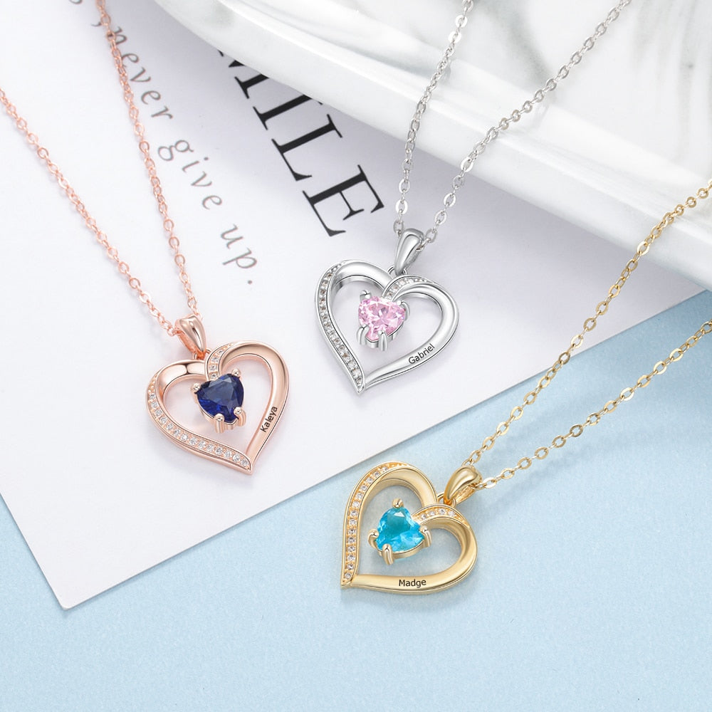 Engraved Name Heart Pendants with Zirconia | Birthstone Necklace