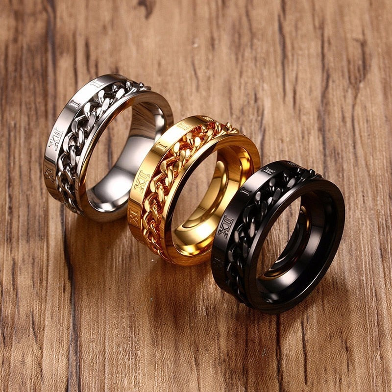 Roman Number Rings with Cuban Chain Band, 8MM Stainless Steel Spinner Ring
