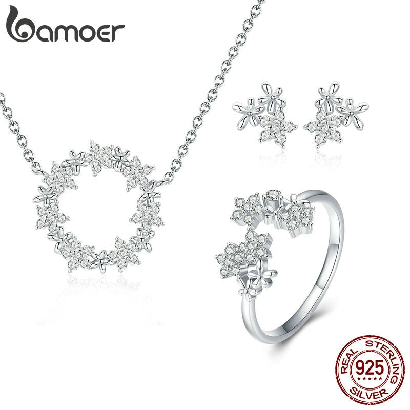 Sterling Silver Jewelry Sets | Clear Cubic Zircon | Shining star Necklace / Ring Jewelry Set