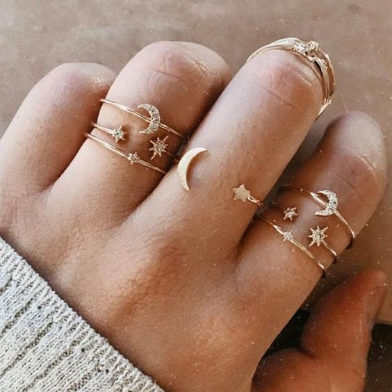 Bohemian Gold Color Chain Rings Set | Fashionable | Coin/Snake/Moon/Star Rings | Jewelry Gifts
