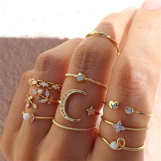 Bohemian Gold Color Chain Rings Set | Fashionable | Coin/Snake/Moon/Star Rings | Jewelry Gifts
