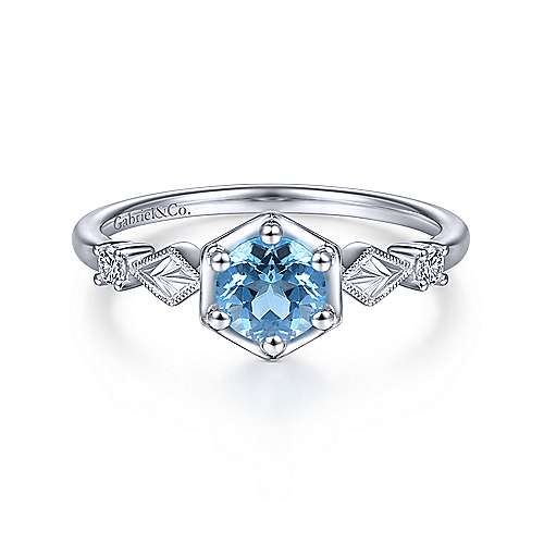 14K White Gold Hexagonal Blue Topaz Diamond Ring | Fashionable Jewelry | Gift