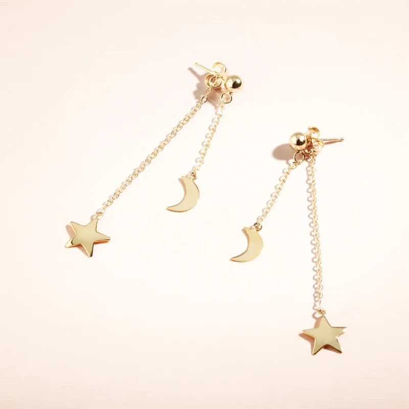 14k Golden Moon & Star Dangle Earrings