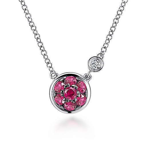 Sterling Silver Round Ruby Cluster Pendant Necklace with Side Bezel Diamond