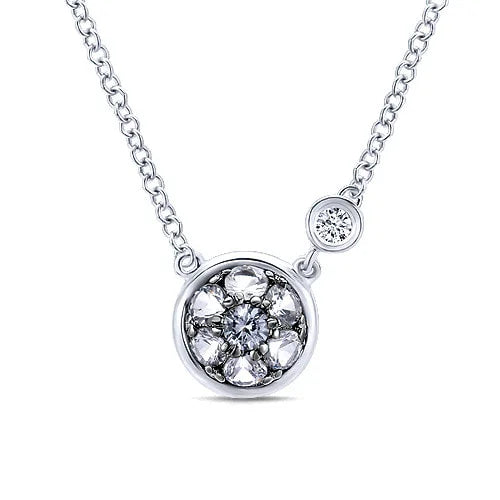 Sterling Silver Round White Sapphire Cluster Pendant Necklace with Side Bezel Diamond